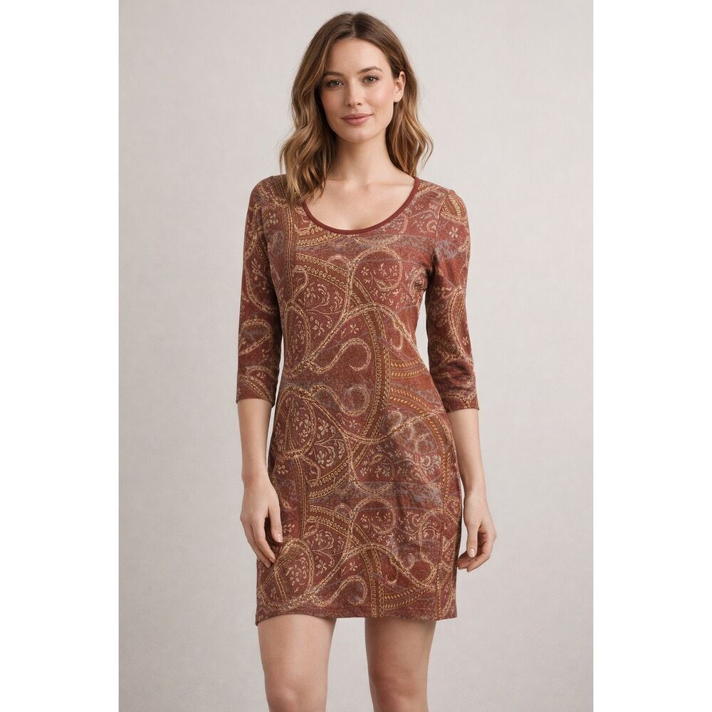 Peruvian Connection Pima Cotton Paisley Knit Dress (S) 3/4 Sleeve Brown